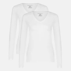 2 pak Hvid langærmet bambus V-hals T-shirt