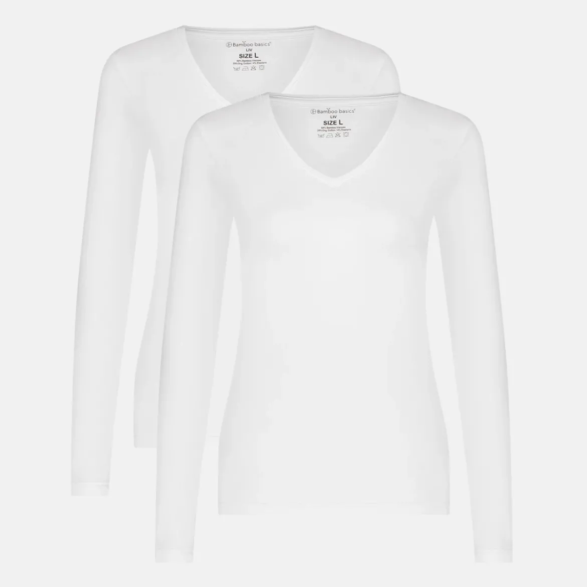 2 pak Hvid langærmet bambus V-hals T-shirt