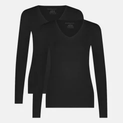 2 pak Sort langærmet bambus V-hals T-shirt