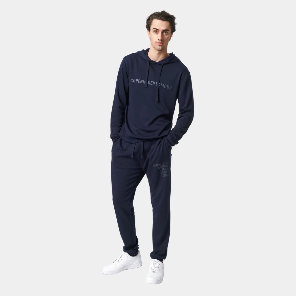 Blå bambus hoodie joggingsæt med logo